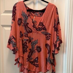Free People Floral V-Neck Blouse - Coral and Burgundy